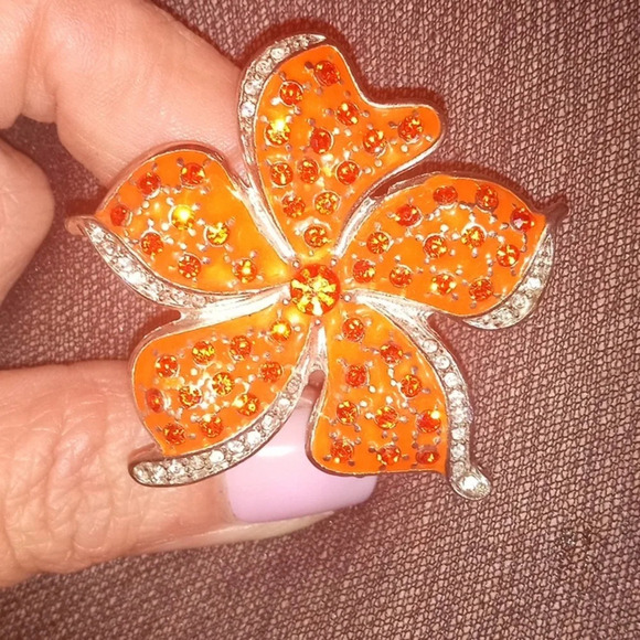 Large Adjustable Orange Hibiscus Flower Statement Ring - Picture 2 of 5